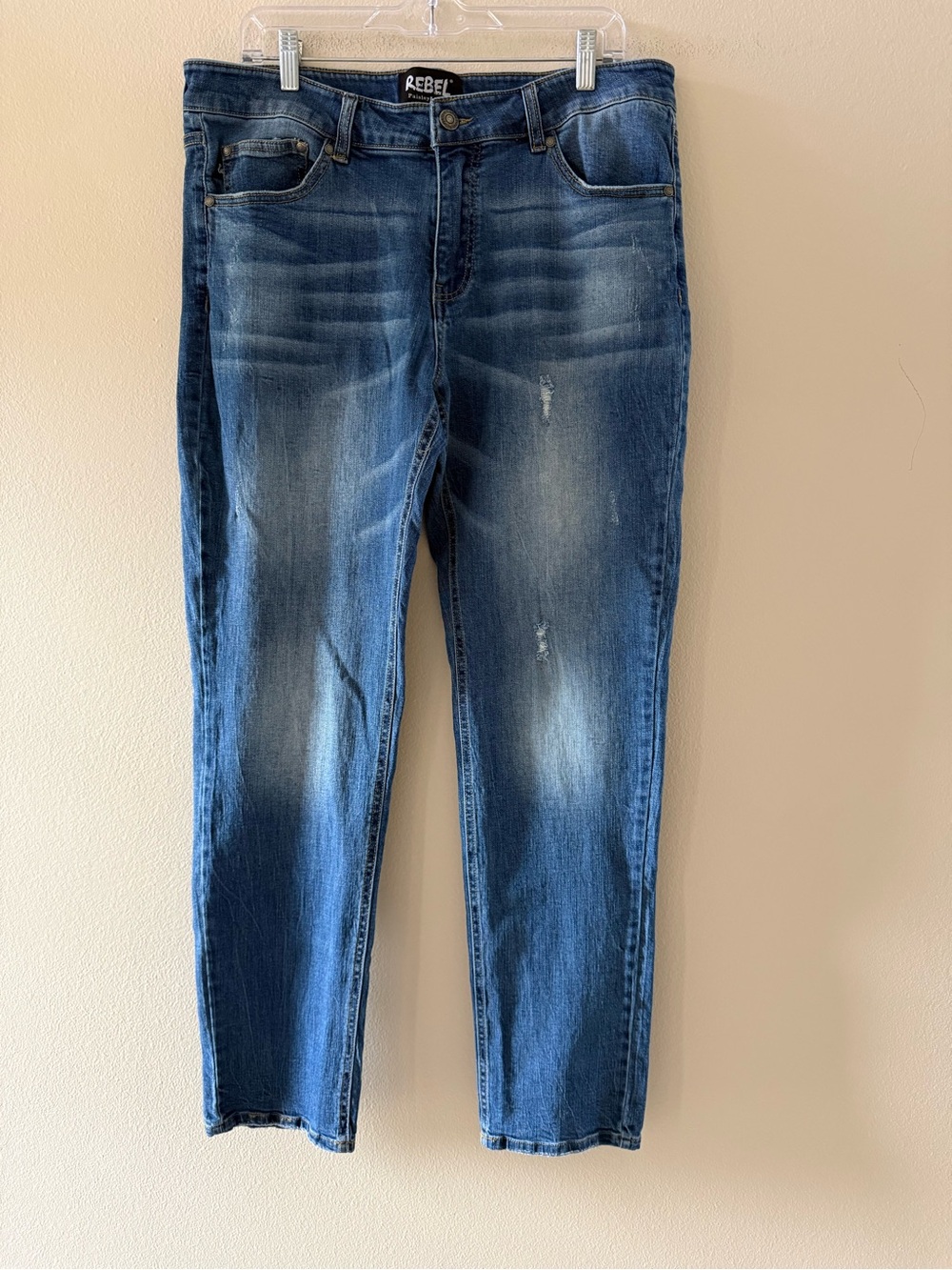 Rebel Paisley & Gray Men's Distressed Straight Leg Jeans in Blue Wash 36x32